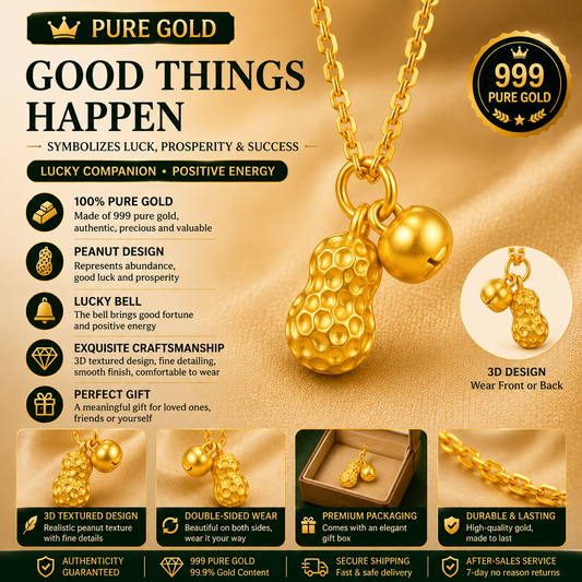 24K Gold Lucky Peanut & Apple Pendant – Oriental Good Fortune Charm Jewelry