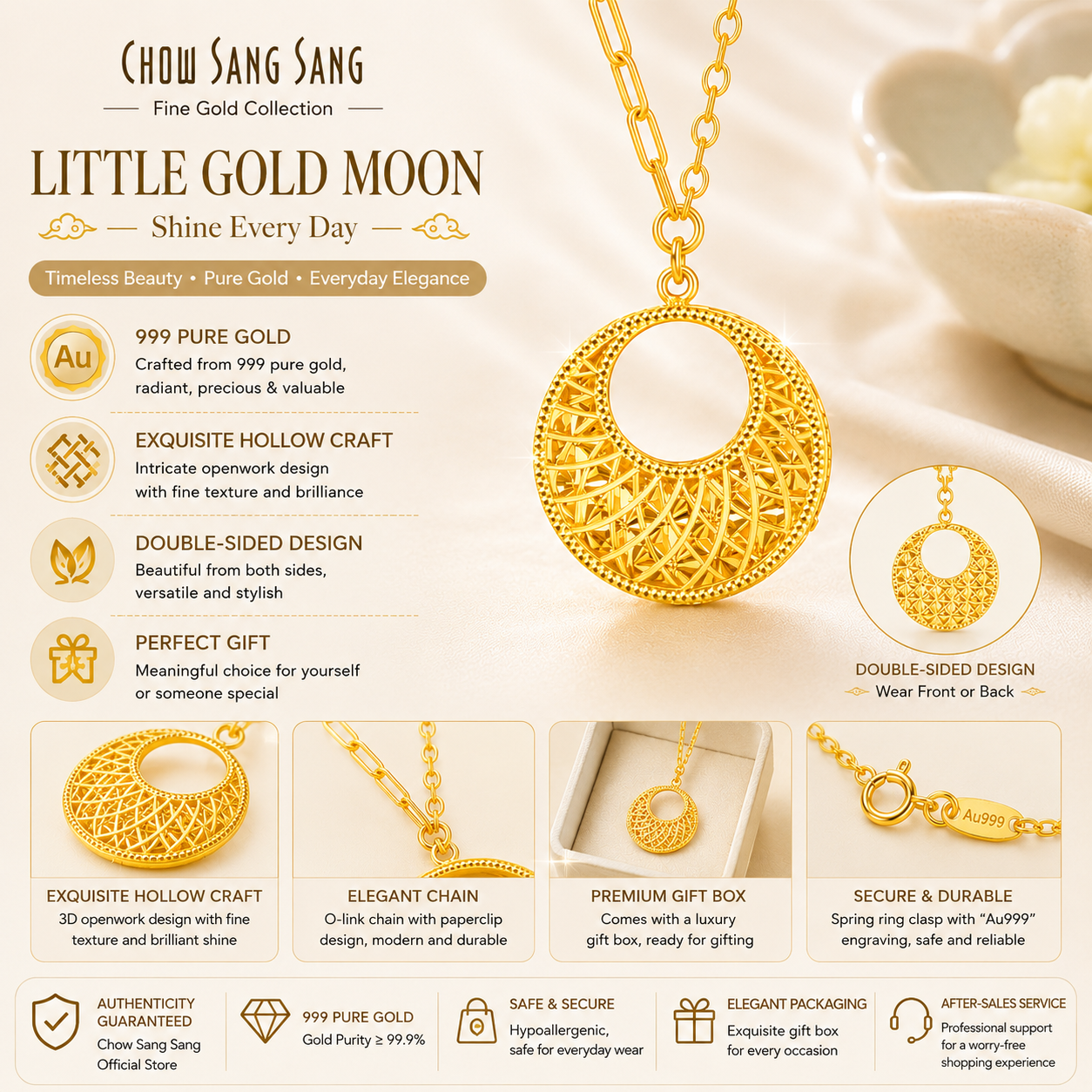 Golden Crescent Moon Pendant Necklace – Oriental Healing Meaningful Gift for Women