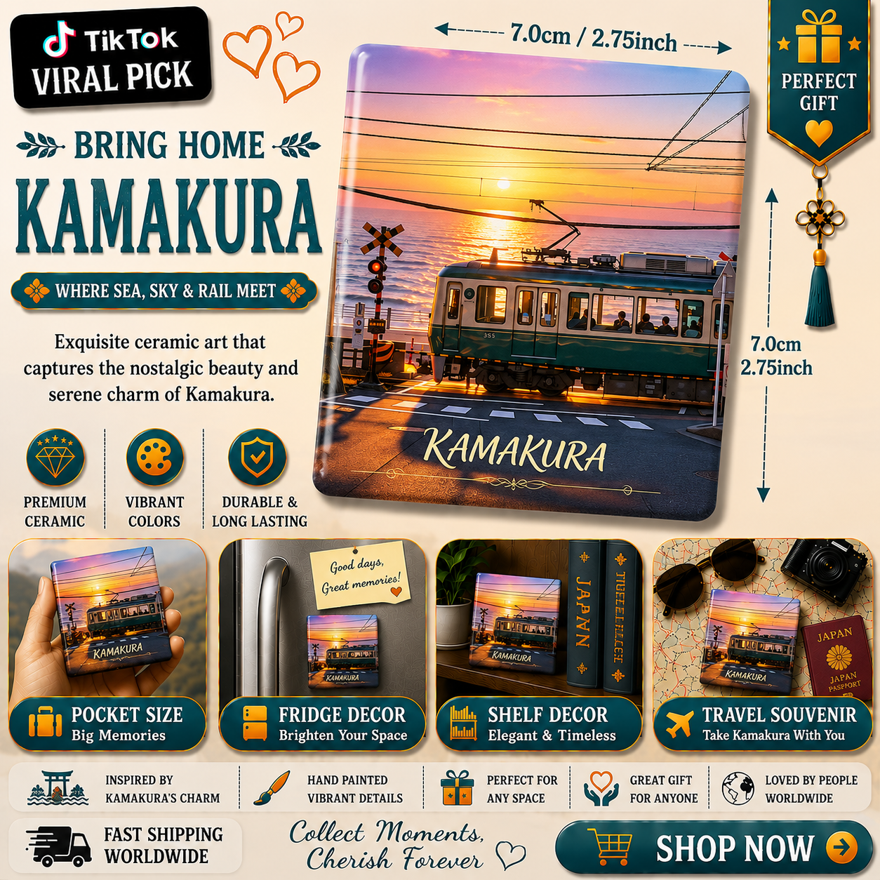Kamakura Sunset Train Ceramic Fridge Magnet