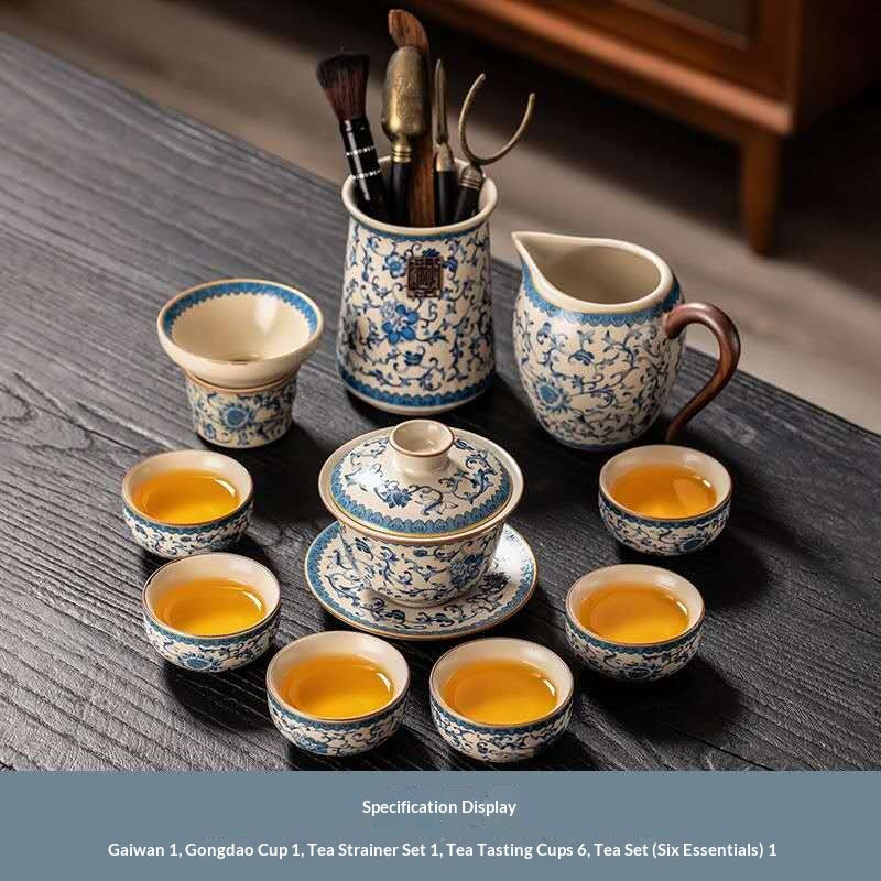 Deluxe Blue and White Porcelain Gongfu Tea Set with Tea Tools - 11-Piece Chinese Qinghua Floral Gaiwan Kit | Classic Peony Ceramic Ceremony Set