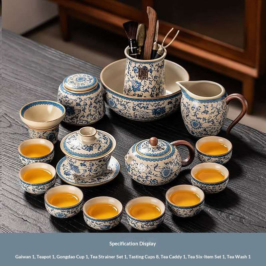 Ultimate Deluxe Blue and White Porcelain Gongfu Tea Set - 15-Piece Chinese Qinghua Floral Kit with Gaiwan & Tools | Classic Peony Ceramic Ceremony Set
