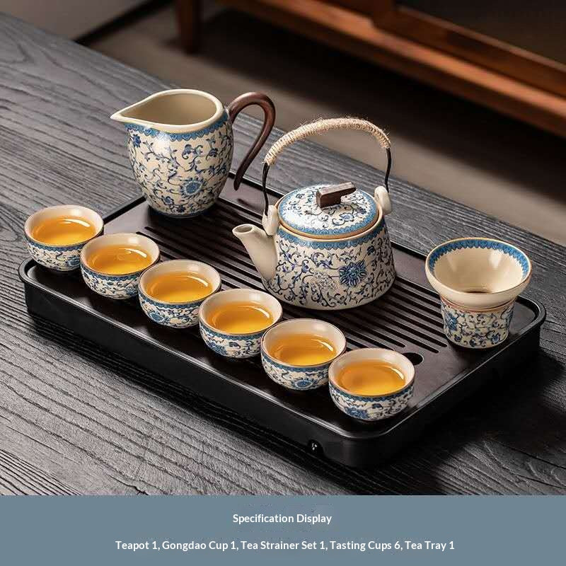 Blue and White Porcelain Gongfu Tea Set with Rope Handle - 10-Piece Chinese Qinghua Floral Teapot Kit with Drainage Tray | Classic Peony Ceramic Ceremony Set