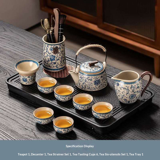 Deluxe Blue and White Porcelain Gongfu Tea Set with Rope Handle - 11-Piece Chinese Qinghua Floral Teapot & Decanter Kit with Tools | Classic Peony Ceramic Ceremony Set