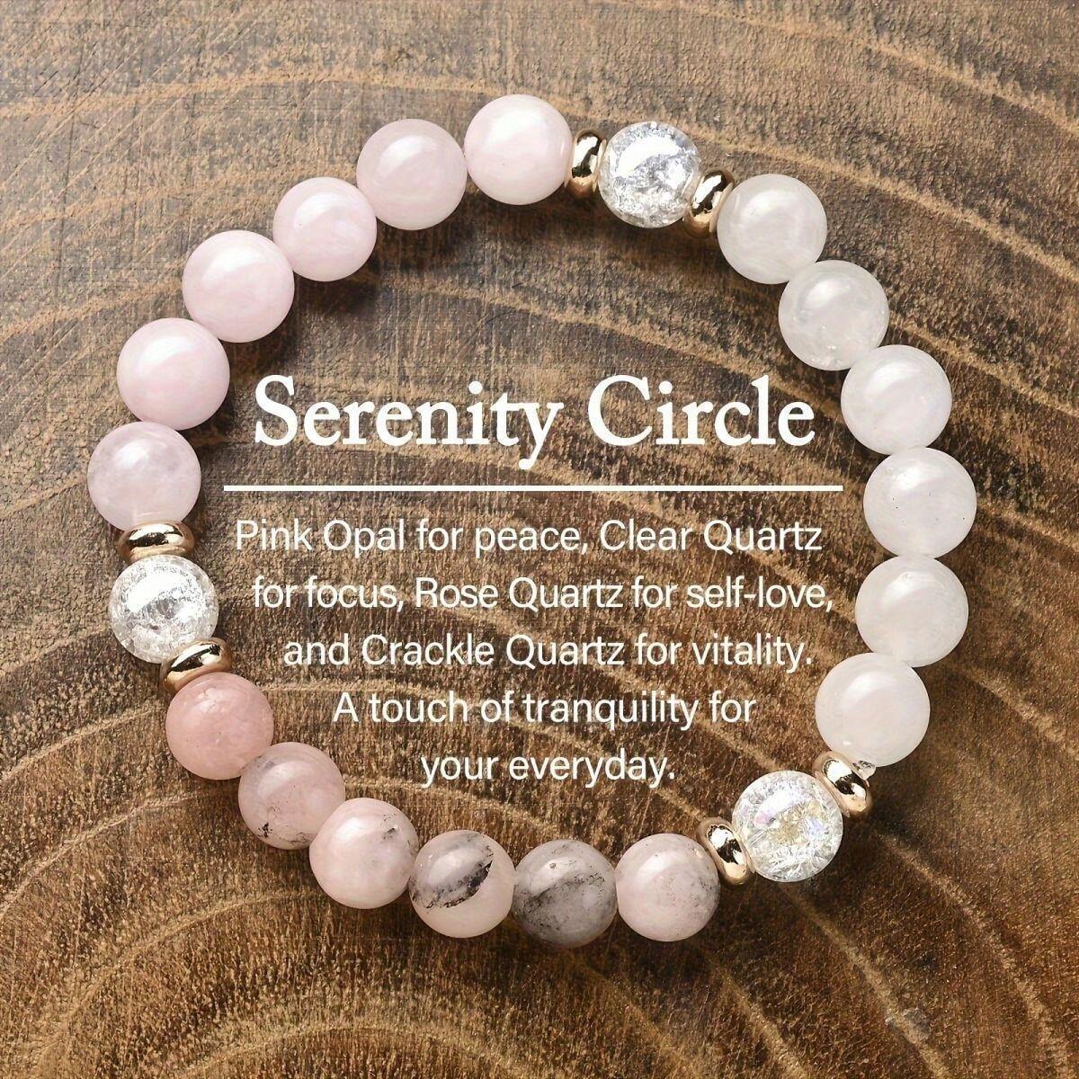 2pcs Serenity Circle Bracelet - Pink Opal, Rose Quartz, Clear Quartz & Crackle Quartz Crystal Bracelet for Peace, Self-Love, Focus & Vitality