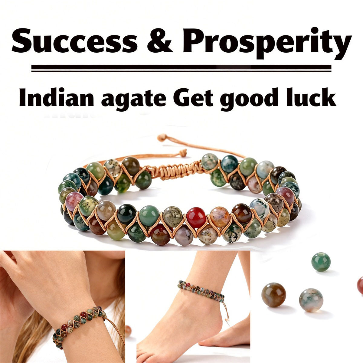 2pcs Success & Prosperity Indian Agate Bracelet - Good Luck Macrame Crystal Bracelet & Anklet for Wealth, Protection & Positive Energy