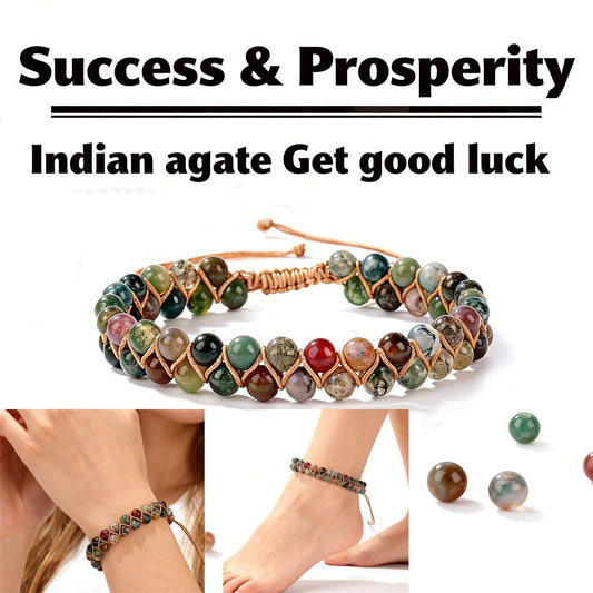 2pcs Success & Prosperity Indian Agate Bracelet - Good Luck Macrame Crystal Bracelet & Anklet for Wealth, Protection & Positive Energy