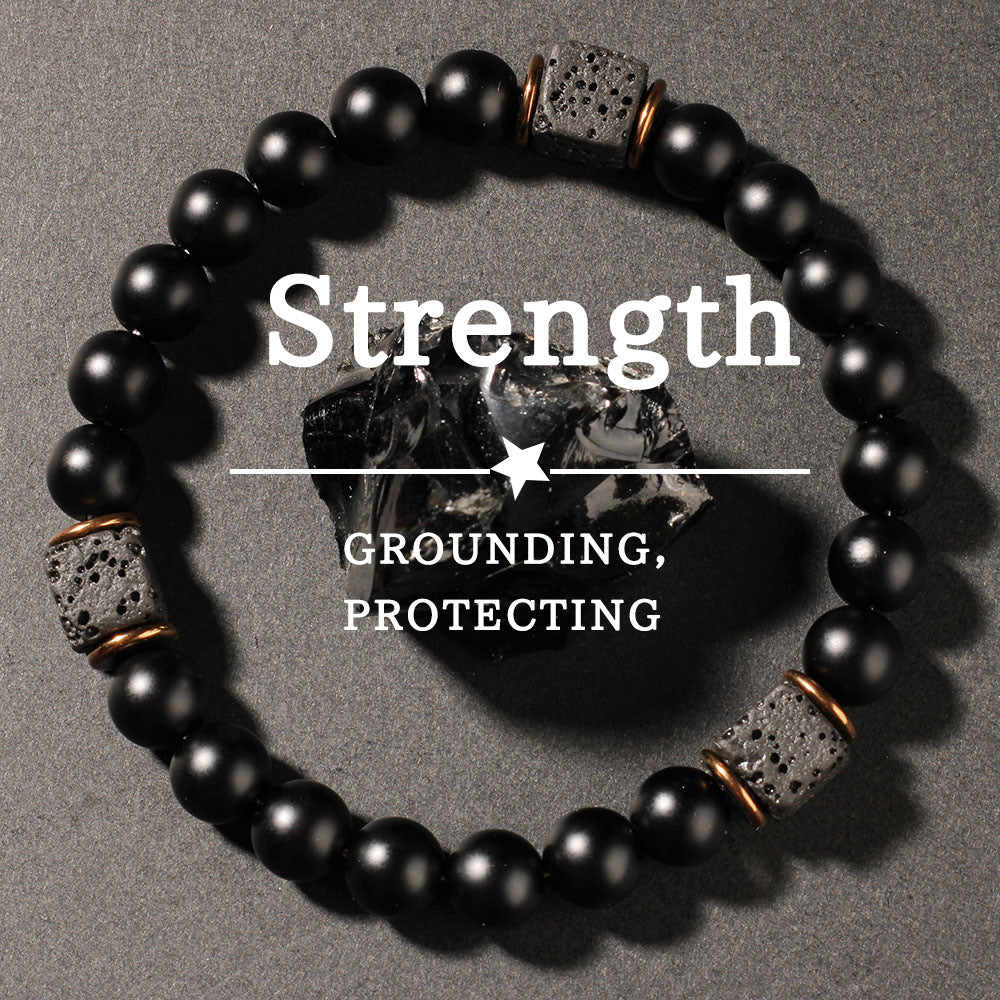 2pcs Black Obsidian Strength Bracelet - Grounding Protection Bracelet with Lava Stone & Matte Beads for Men & Women