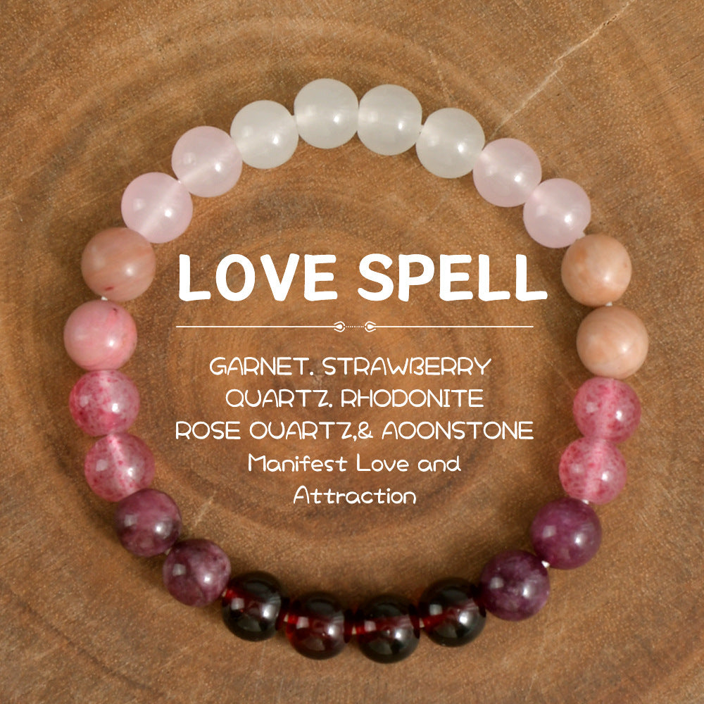 2pcs Love Spell Bracelet - Rose Quartz, Garnet, Rhodonite & Moonstone Crystal Bracelet for Attracting Love, Romance & Self-Love