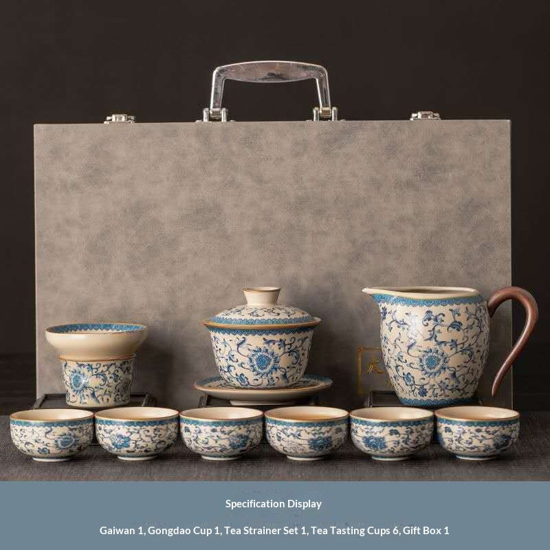 Blue and White Porcelain Gongfu Tea Set in Luxury Gift Box - 9-Piece Chinese Qinghua Floral Gaiwan Kit | Classic Peony Ceramic Ceremony Set