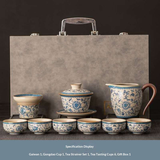 Blue and White Porcelain Gongfu Tea Set in Luxury Gift Box - 9-Piece Chinese Qinghua Floral Gaiwan Kit | Classic Peony Ceramic Ceremony Set