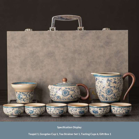 lue and White Porcelain Gongfu Tea Set in Luxury Gift Box - 9-Piece Chinese Qinghua Floral Teapot Kit | Classic Peony Ceramic Ceremony Set