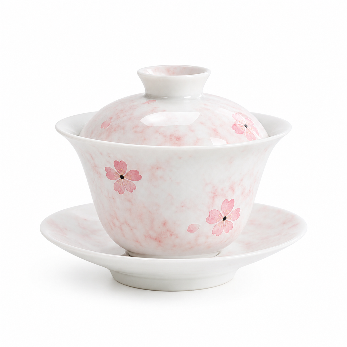 Blush Cherry Blossom 165 mL gaiwan with soft pink floral motifs, lid, brewing bowl and matching saucer