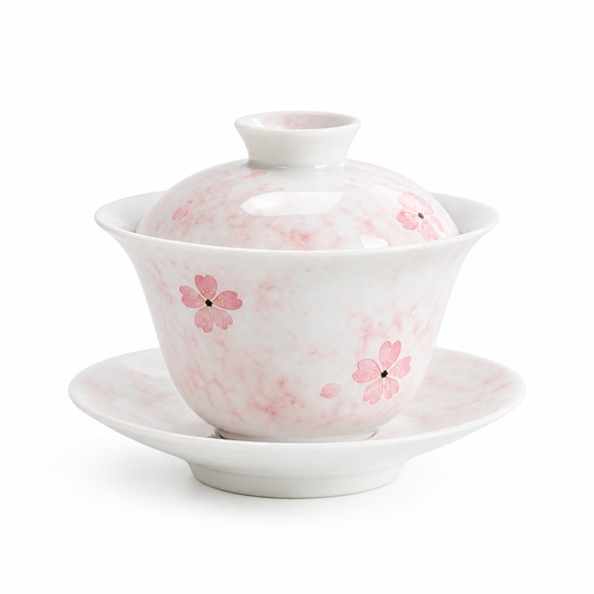 Blush Cherry Blossom 165 mL gaiwan with soft pink floral motifs, lid, brewing bowl and matching saucer