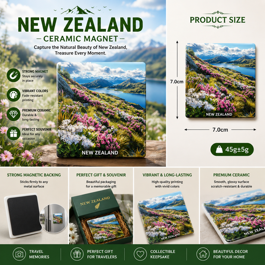 New Zealand Landscape Ceramic Fridge Magnet – Scenic Mountain Lake Souvenir, Nature Travel Refrigerator Magnet, Floral Home Decor Gift