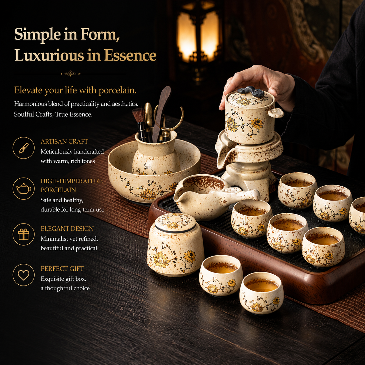 Golden Lotus Automatic Flowing Gongfu Tea Set™ | Luxury Chinese Tea Ceremony Set with Waterfall Design