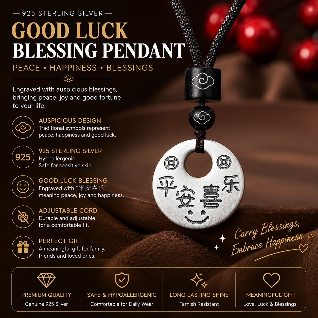 925 Pure Silver Peace & Joy Pendant Necklace – Chinese Lucky Blessing Necklace, Minimalist Oriental Spiritual Jewelry for Women & Men