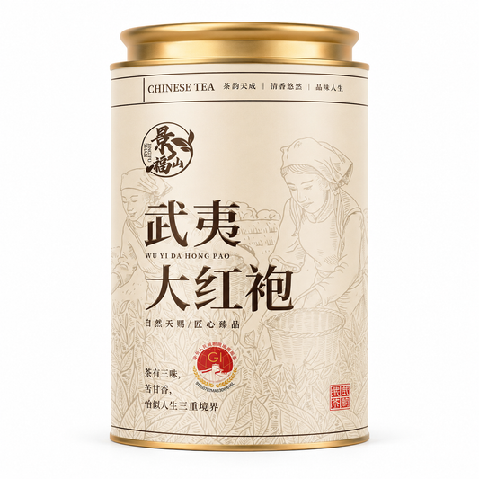 Wuyi Da Hong Pao Rock Oolong Tea 125 g Chinese loose-leaf tea with dark twisted leaves in ivory metal tin