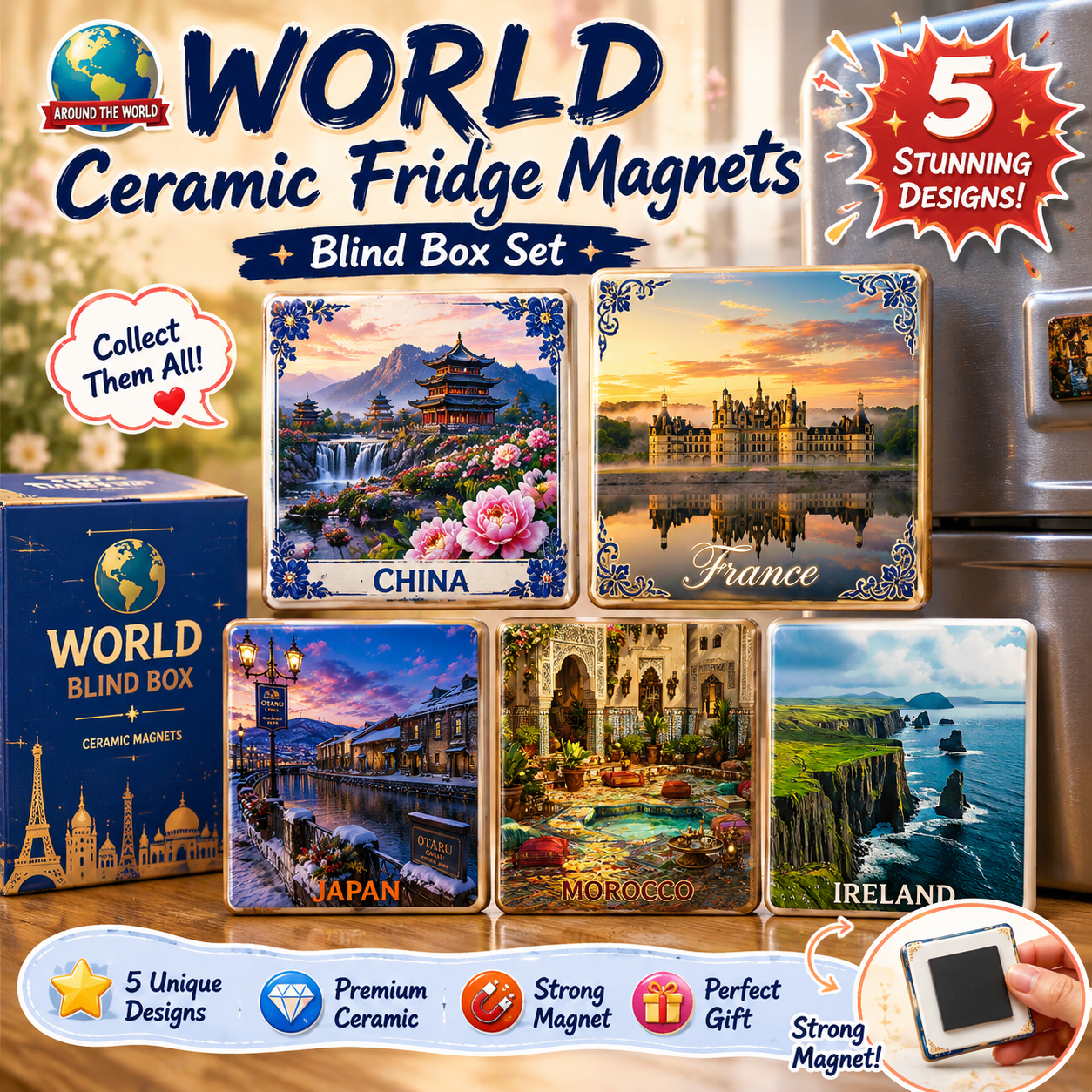 World Ceramic Fridge Magnet Blind Box – 5 Surprise Oriental Art Collectibles