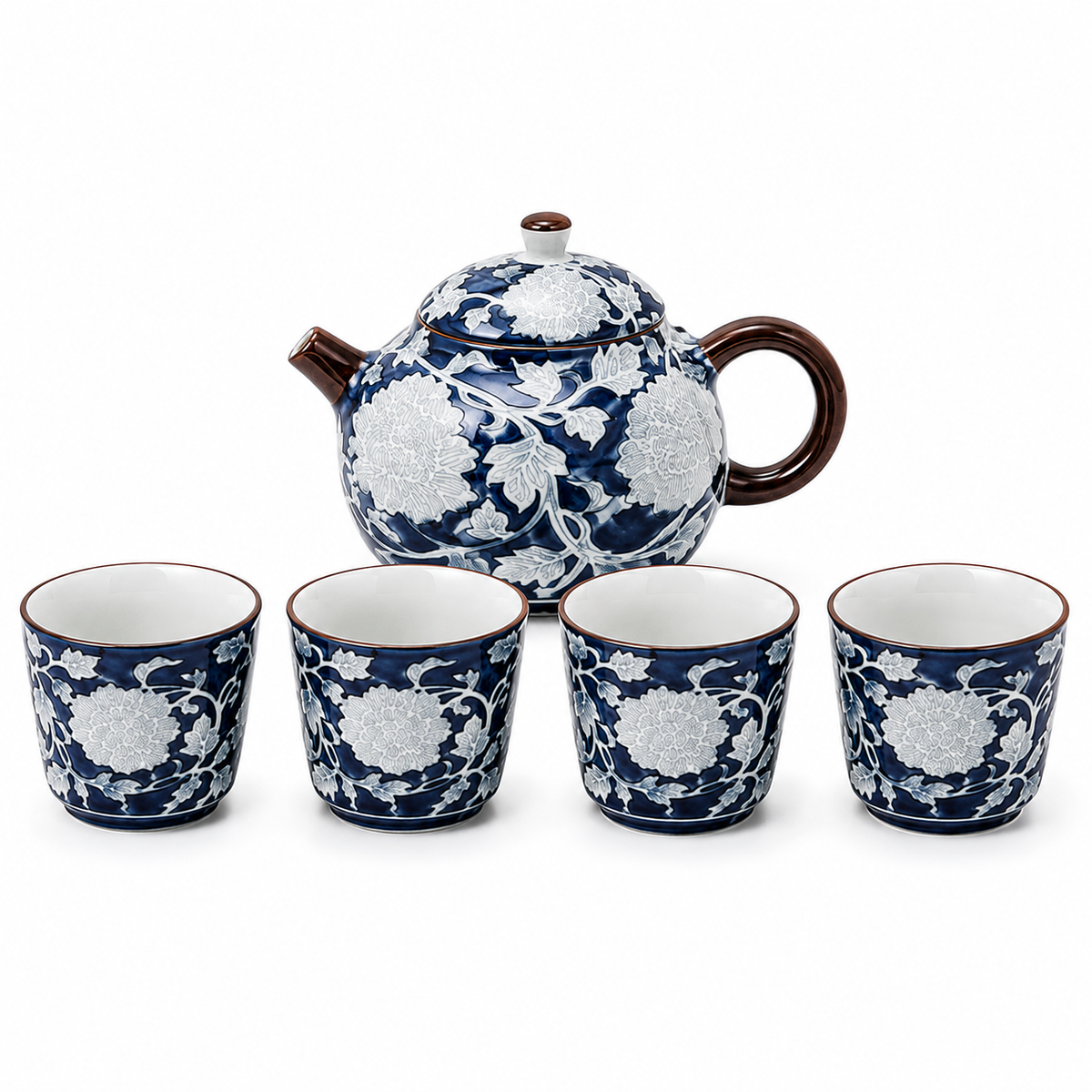 Indigo Peony ceramic tea set with 220 mL blue floral teapot and four matching 50 mL tea cups