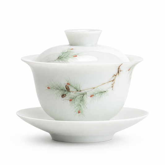 Pine Branch 125 mL gaiwan with delicate green pine needles, pine cone motif, lid, brewing bowl and matching saucer
