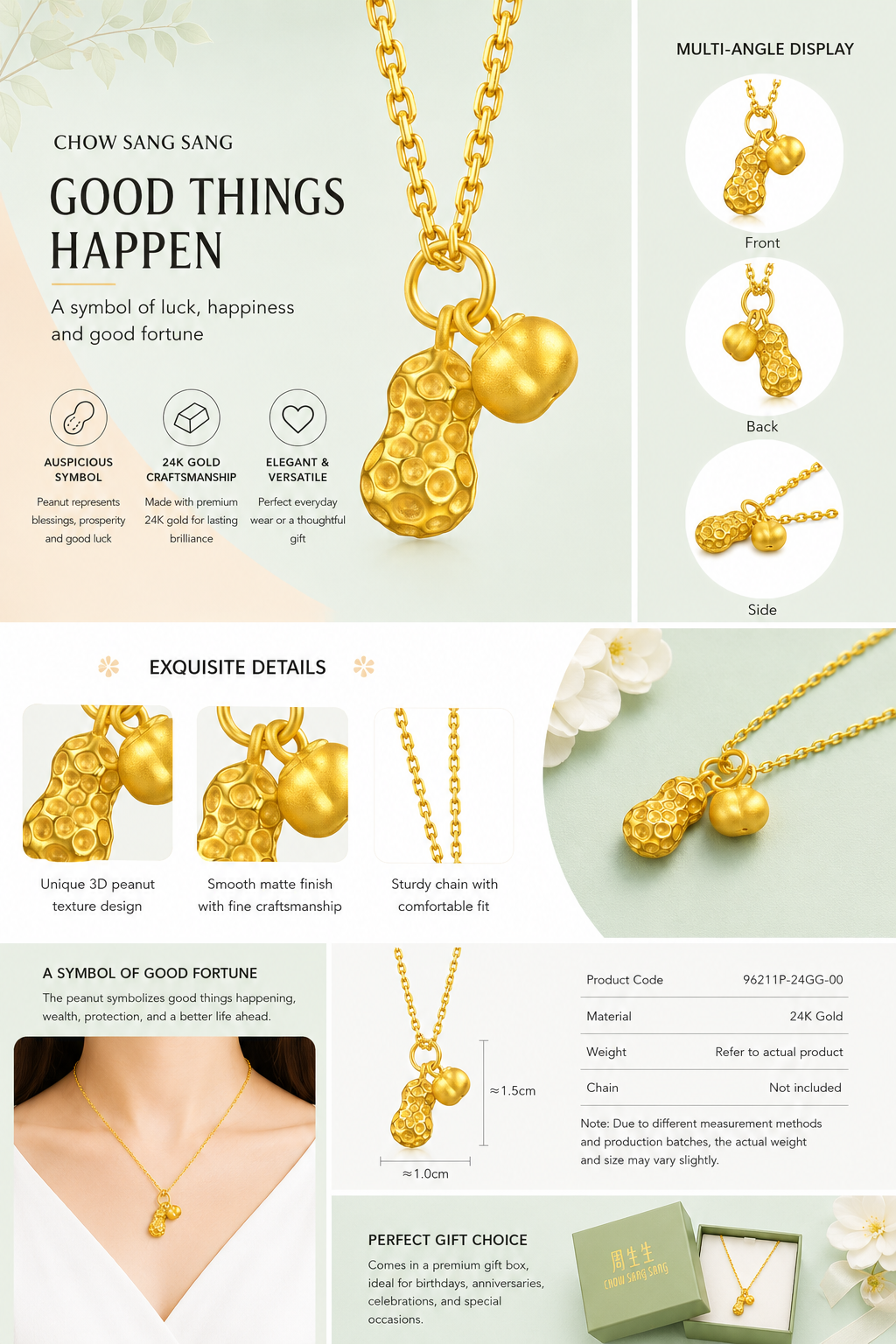 24K Gold Lucky Peanut & Apple Pendant – Oriental Good Fortune Charm Jewelry