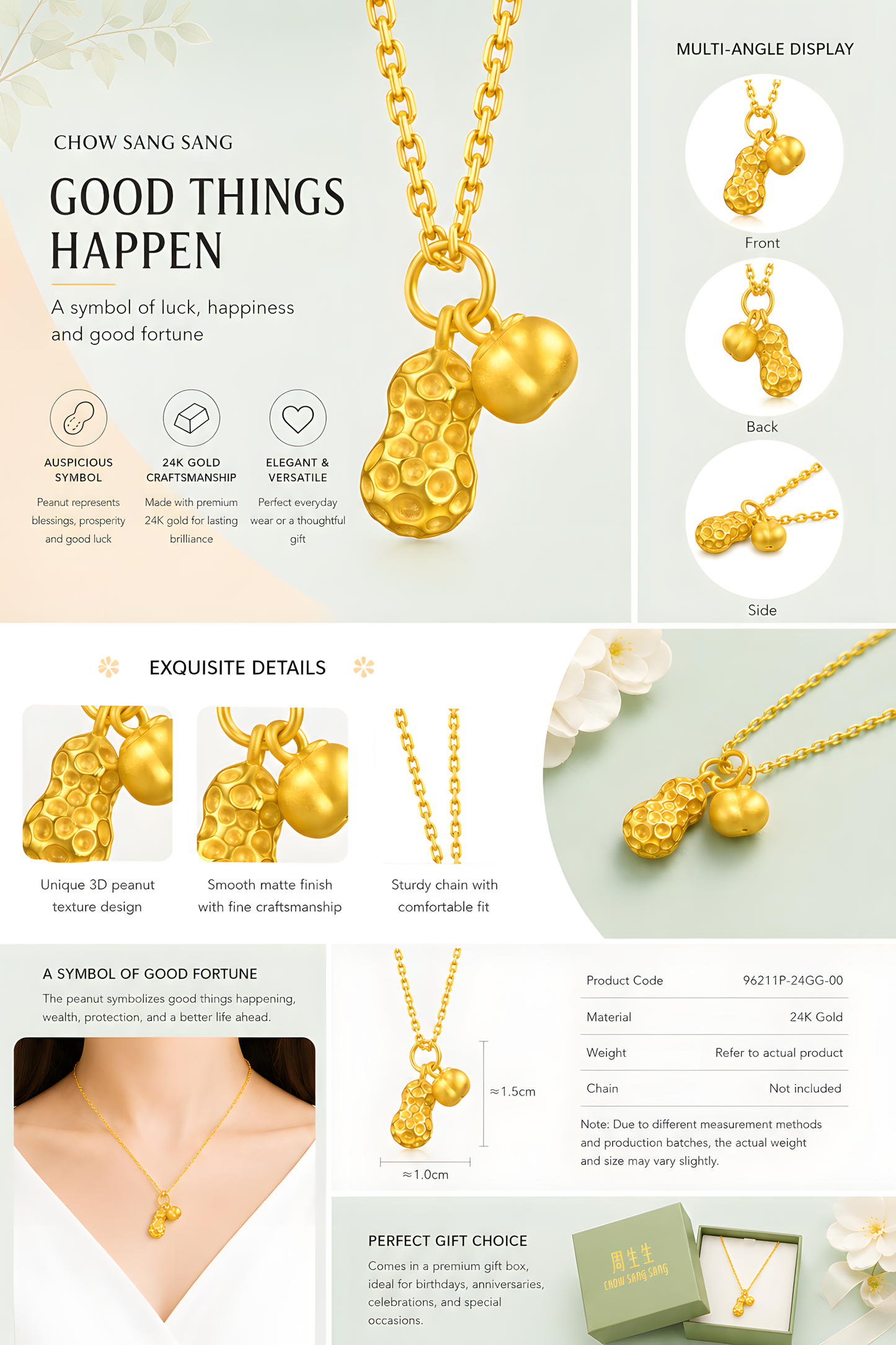 24K Gold Lucky Peanut & Apple Pendant – Oriental Good Fortune Charm Jewelry
