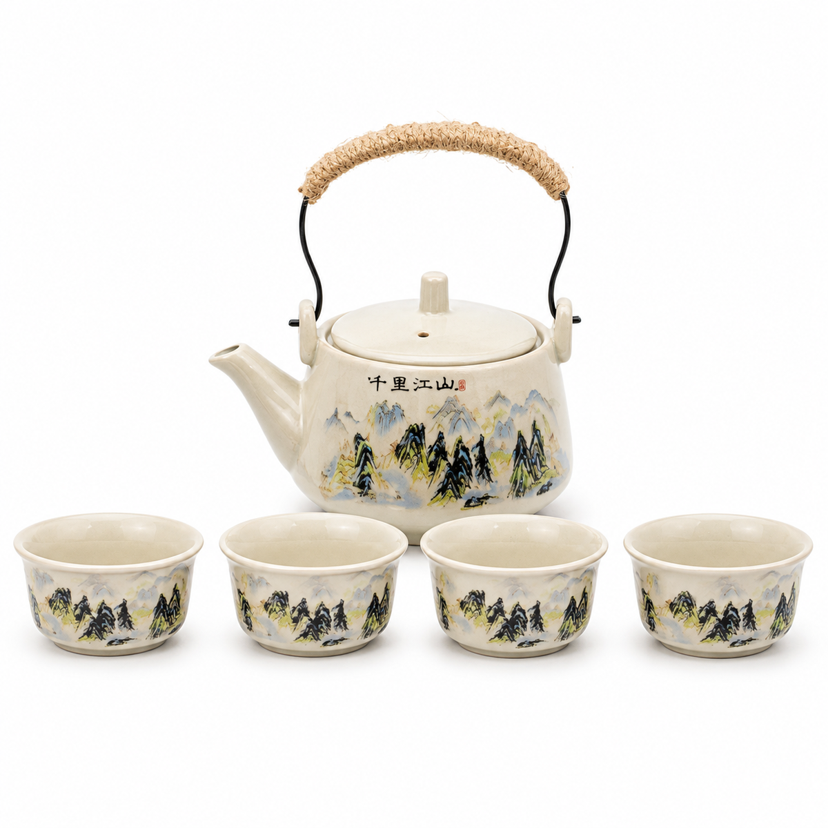 Thousand Li Landscape Dehua tea set with 240 mL overhead-handle teapot, four 45 mL cups and square tea tray