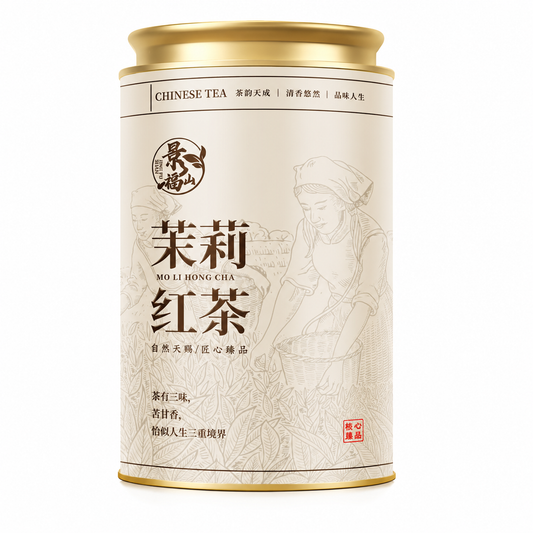 Jasmine Black Tea 150 g Chinese loose-leaf black tea with jasmine blossoms in ivory tea tin