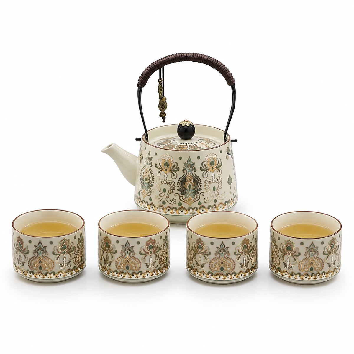 Eastern Garden ceramic tea set with 230 mL overhead-handle teapot, four 45 mL ornamental tea cups and matching dry tea tray