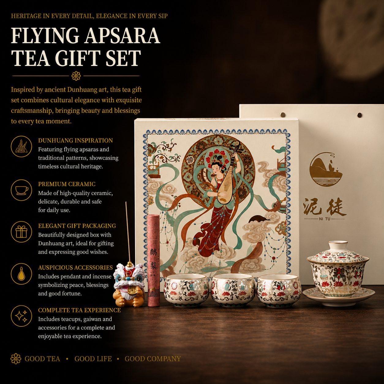 Dunhuang Flying Apsaras Gaiwan Tea Gift Set with ceramic tea cups, traditional Chinese tea ceremony accessories and luxury cultural gift box