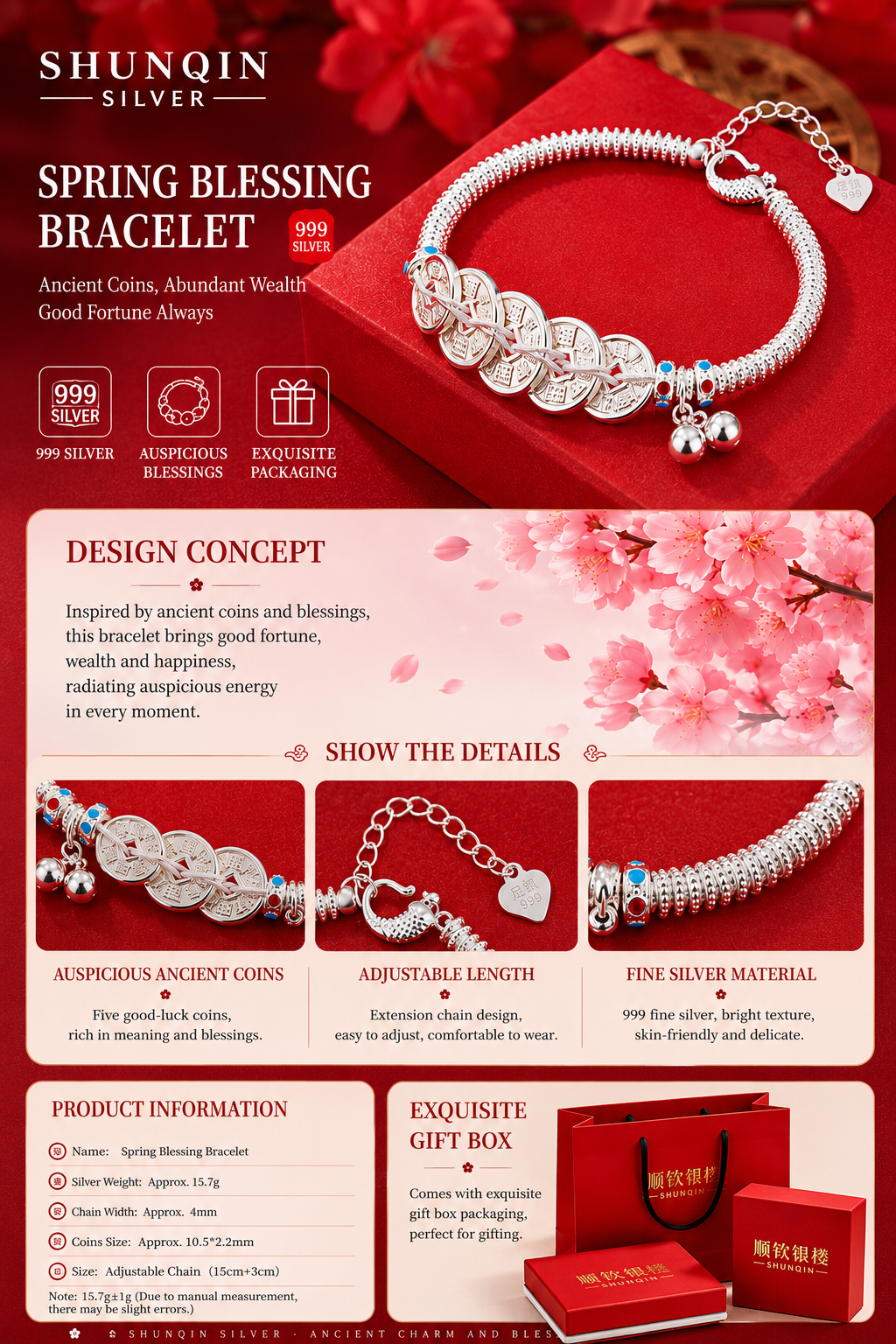 925 Pure Silver Lucky Coin Bracelet – Chinese Feng Shui Wealth Bracelet, Vintage Fortune Charm Jewelry for Women