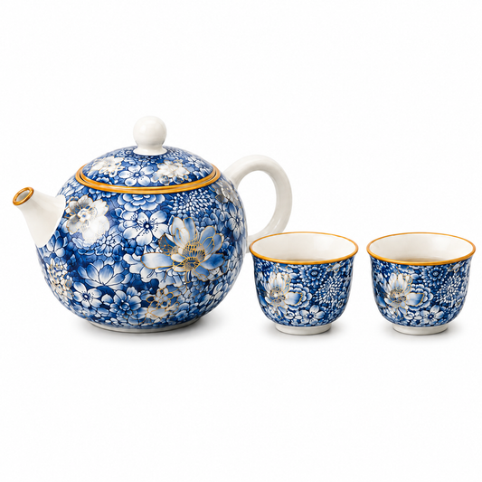 Blue Blossom Ru Ware tea set with floral teapot and two matching tea cups