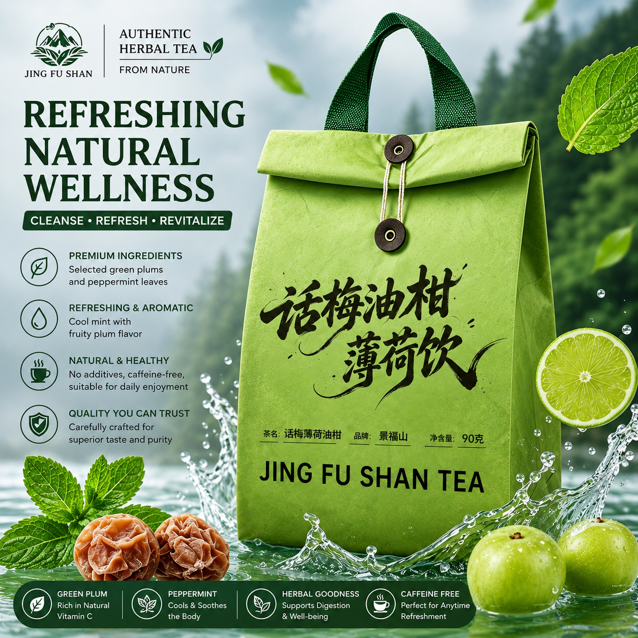 Salted Plum Lime Mint Herbal Tea – Refreshing Chinese Wellness Tea Drink for Detox, Cooling Energy & Summer Hydration