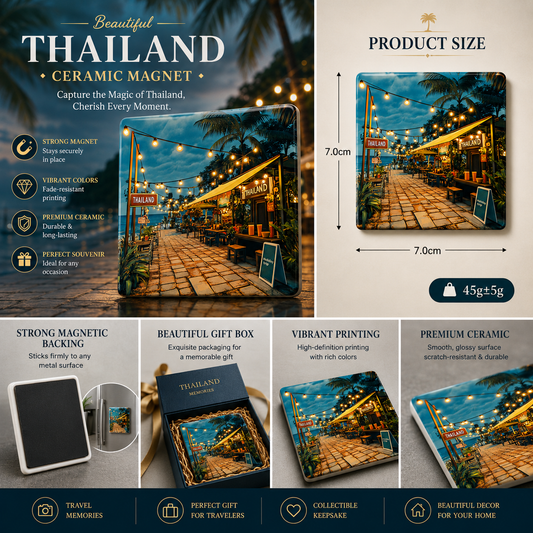 Thailand Night Market Ceramic Fridge Magnet – Tropical Beach Street Souvenir, Thailand Travel Refrigerator Magnet, Coastal Home Decor Gift