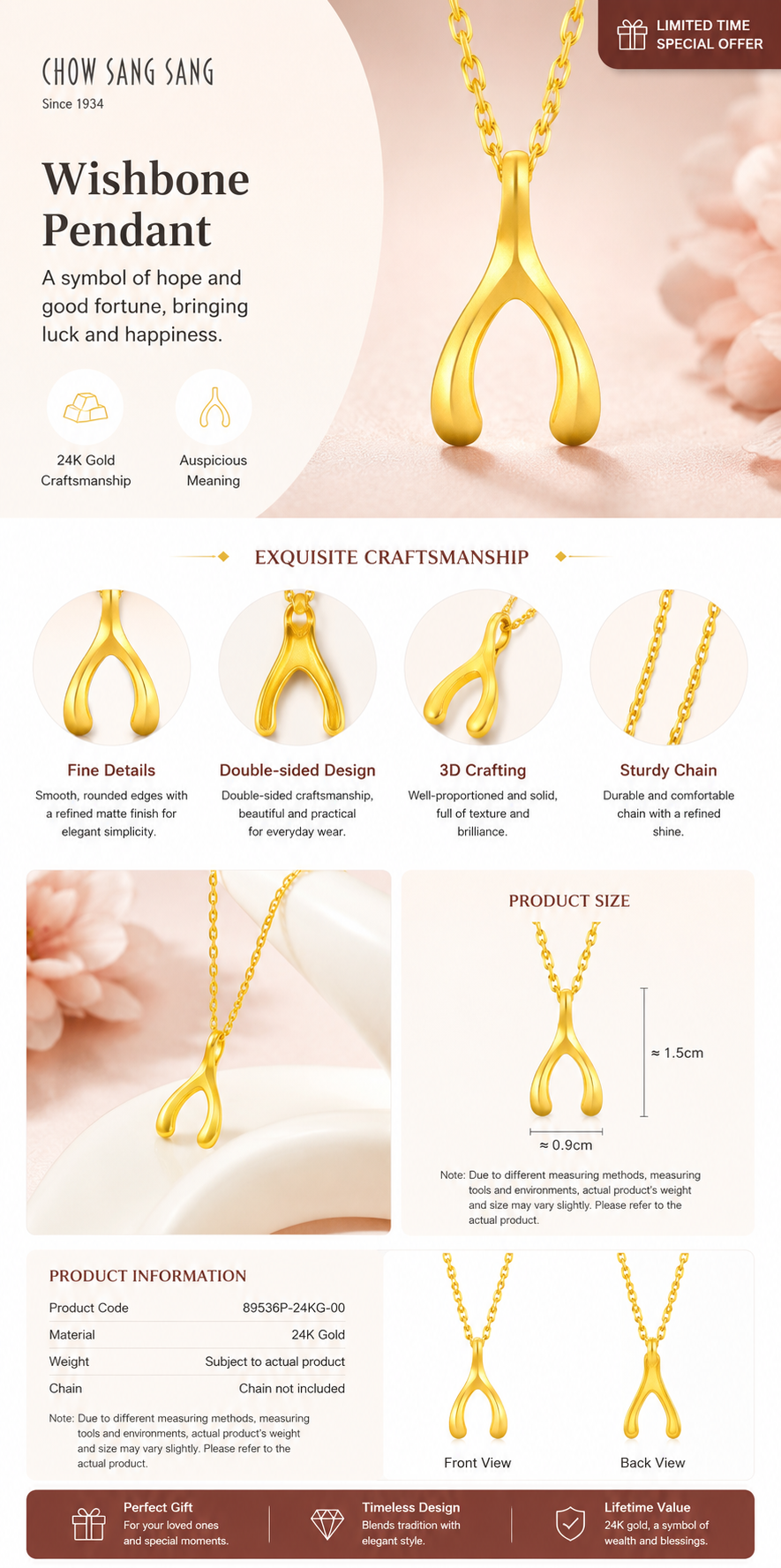 999 Pure Gold Wishbone Pendant – Symbol of Hope, Wishes & New Beginnings