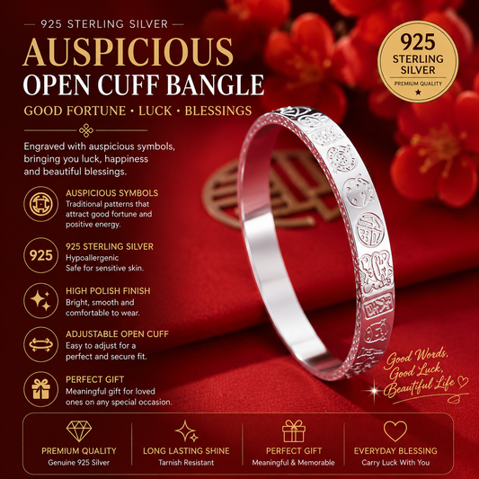 925 Pure Silver Auspicious Blessing Bangle – Chinese Fortune Symbol Bracelet, Vintage Oriental Open Cuff Jewelry for Women