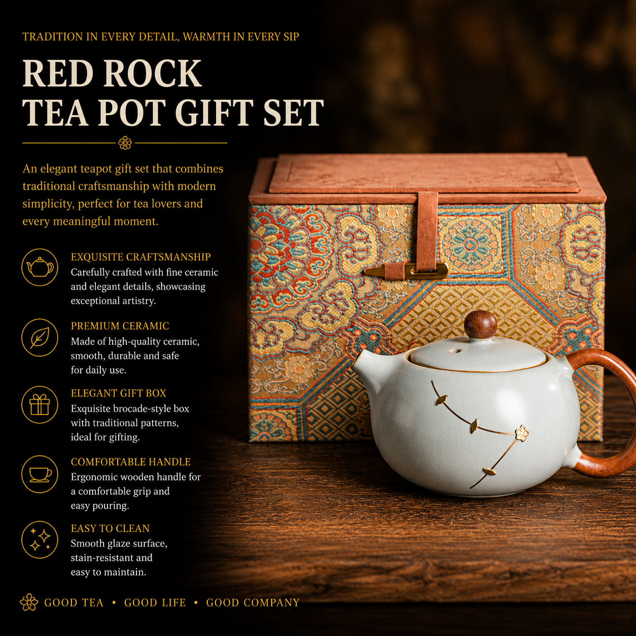Plum Blossom Serenity ceramic teapot with wooden handle and luxury brocade gift box inspired by traditional Chinese tea culture