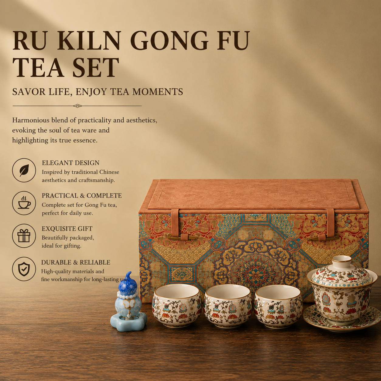 Imperial Harmony Ru Kiln Gong Fu Tea Set with ceramic gaiwan, matching tea cups, decorative ornament, and luxury brocade gift box inspired by traditional Chinese tea culture