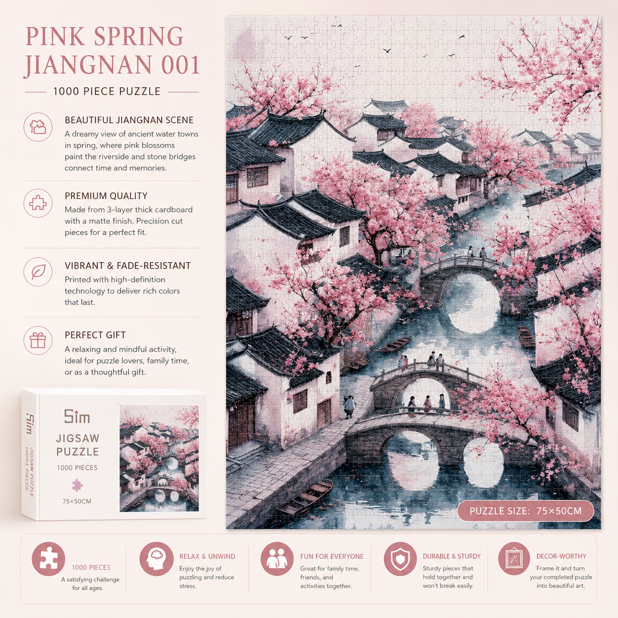 Jiangnan Cherry Blossom Puzzle – Chinese Water Town Landscape Jigsaw Puzzle, Relaxing Art Gift & Wall Decor for Adults 001