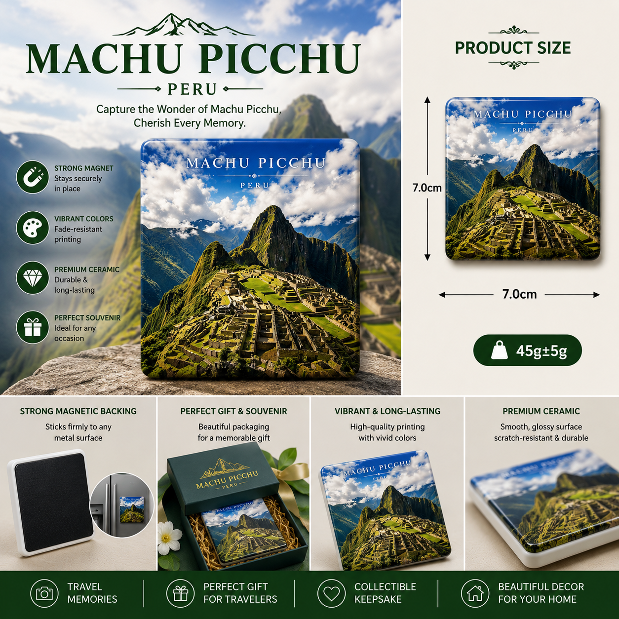Machu Picchu Peru Ceramic Fridge Magnet – Inca Ruins Travel Souvenir, Peru Mountain Refrigerator Magnet, Adventure Gift & Nature Home Decor
