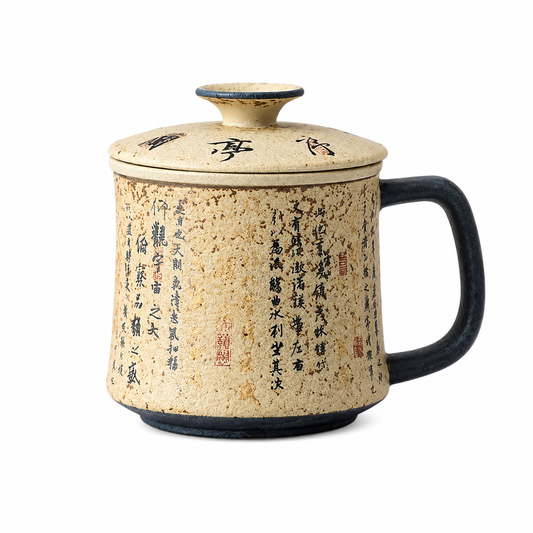 Lanting Xu 320 mL calligraphy ceramic infuser mug with matching lid and removable loose-leaf tea filter