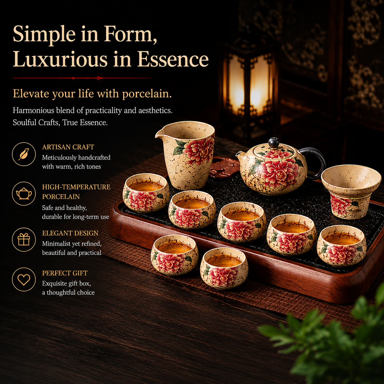 Peony Blossom Prosperity Gong Fu Tea Set featuring ceramic teapot, matching tea cups, fairness pitcher, tea accessories, and traditional Chinese tea ceremony design with blooming peony artwork