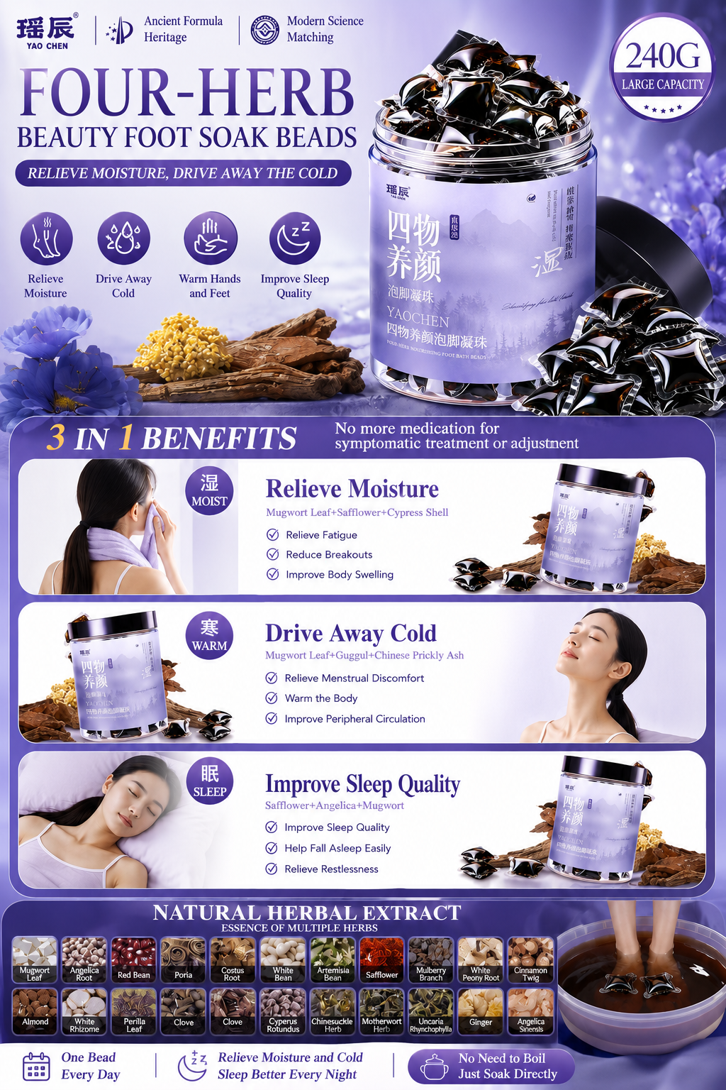 Women’s Four-Herb Beauty Foot Soak Beads – Traditional Chinese Herbal Spa for Relaxation, Warmth & Self-Care | Oriental Wellness Foot Bath Ritual