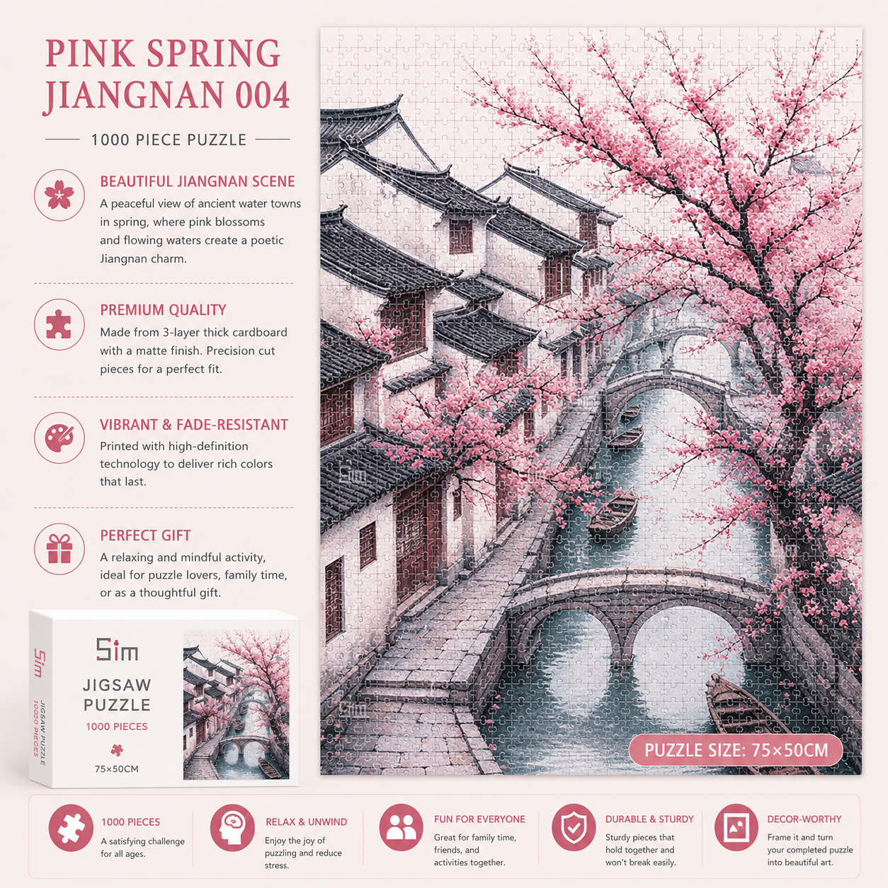 Jiangnan Cherry Blossom Puzzle – Chinese Water Town Landscape Jigsaw Puzzle, Relaxing Art Gift & Wall Decor for Adults 004