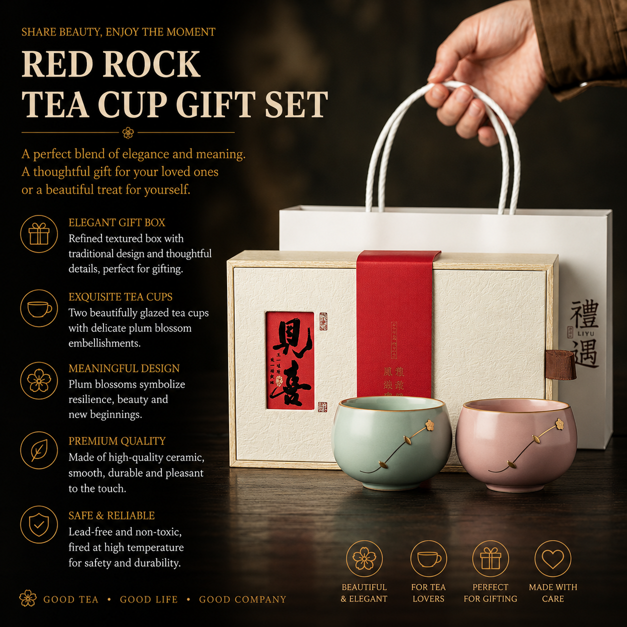 Red Rock Plum Blossom Tea Cup Gift Set™ | Luxury Ceramic Tea Cups with Traditional Gift BoxRed Rock Plum Blossom Tea Cup Gift Set™ | Luxury Ceramic Tea Cups with Traditional Gift Box