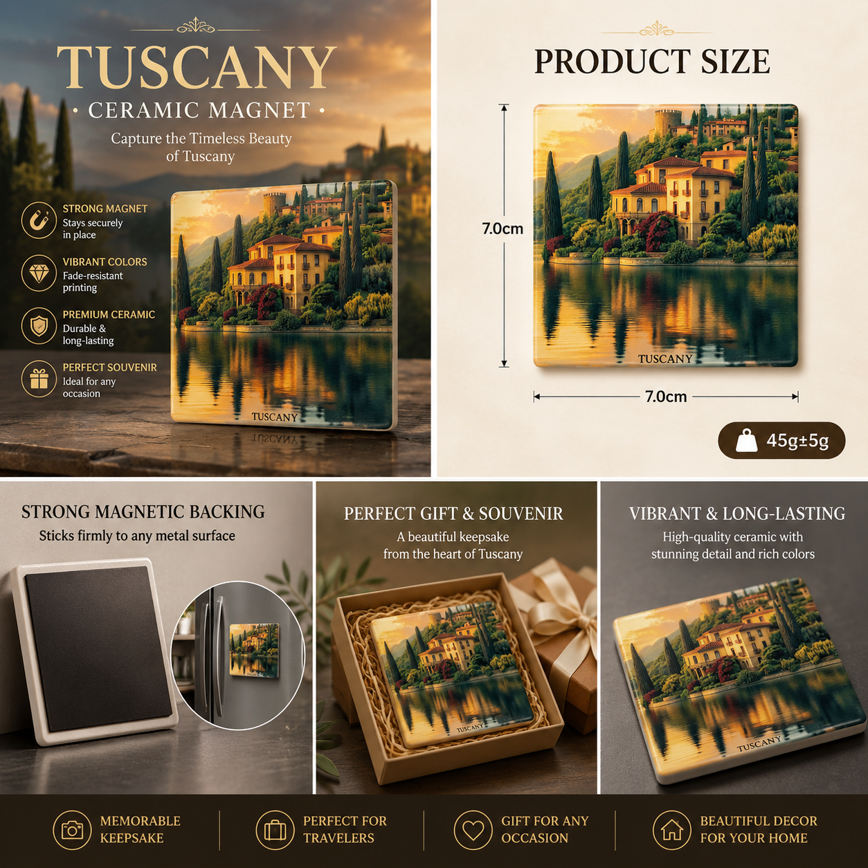 Tuscany Ceramic Fridge Magnet – Italian Countryside Refrigerator Magnet, Vintage Tuscany Landscape Souvenir, Mediterranean Home Decor Gift