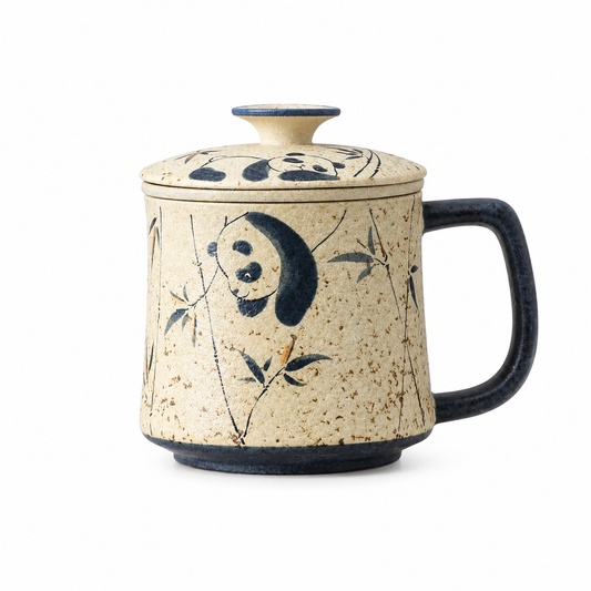 Panda and Bamboo 320 mL ceramic infuser mug with matching lid removable loose-leaf tea filter and charcoal square handle
