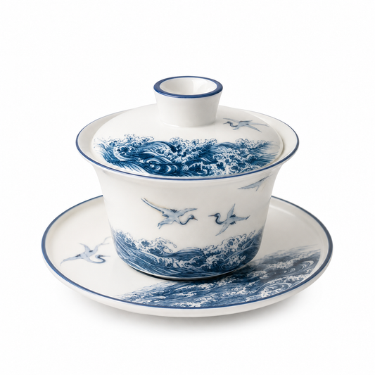 Auspicious Crane Landscape 150 mL gaiwan with blue cranes, ocean waves, distant mountains, lid, bowl and saucer