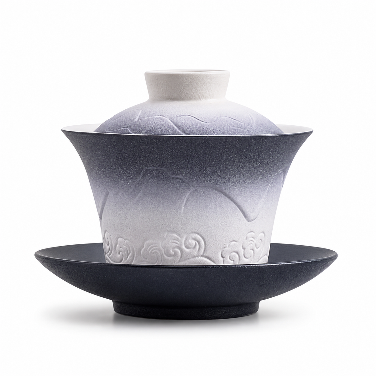 Mountains and Sea 120 mL Dehua gaiwan with white-to-deep-blue gradient glaze, mountain relief, lid, bowl and saucer