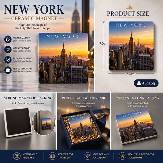 New York Ceramic Fridge Magnet – NYC Skyline Refrigerator Magnet, Manhattan Sunset Souvenir, New York Travel Home Decor Gift